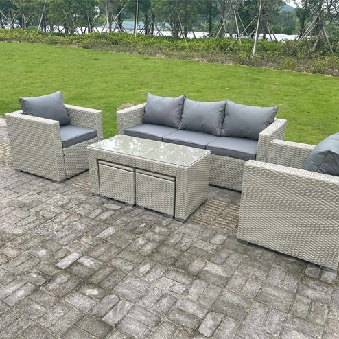 Fimous Wicker Rattan Garden Furniture Sofa Sets Outdoor Patio Coffee Table With Stools light grey