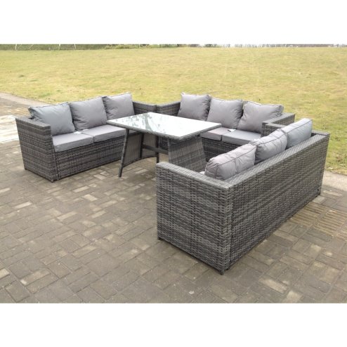 Fimous Outdoor Rattan Garden Furniture Lounge Sofa Set With Oblong Dining Table With Clear Tempered Glass