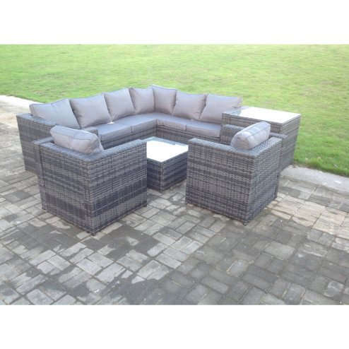 Fimous Rattan Corner Sofa Set Garden Furniture With 2 Chairs Coffee Table And Side Table
