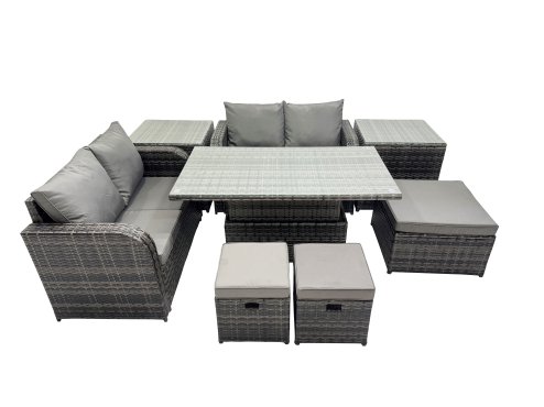 Fimous 7-seater Patio Height Adjustable Rising Lifting Table Sofa Sets Rattan Garden Furniture Dining Set with 2 Side Table 3 Stools Dark Grey Mixed