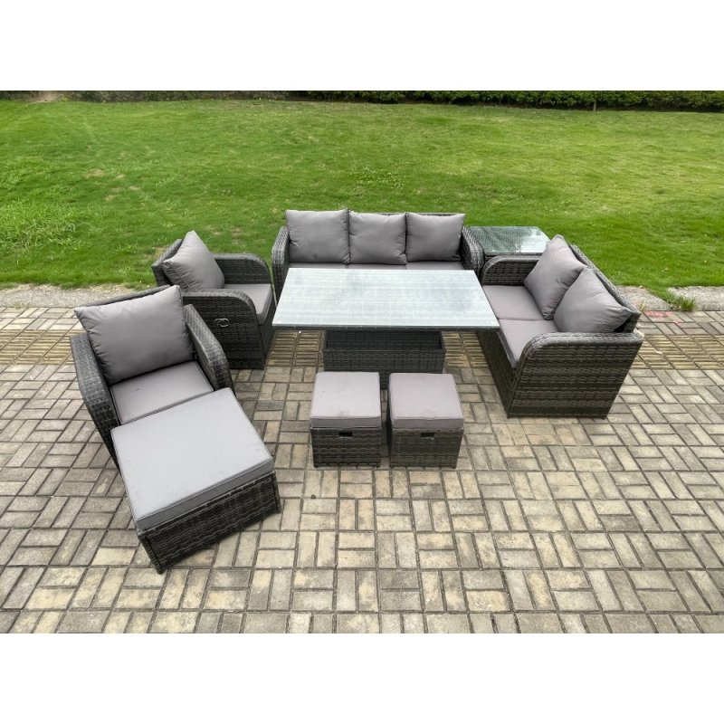 Fimous Wicker PE Rattan Outdoor Garden Furniture Sets Height Adjustable Rising lifting Dining Table Reclining Chair Sofa Set with Side Table 3 Footstools Dark Grey Mixed