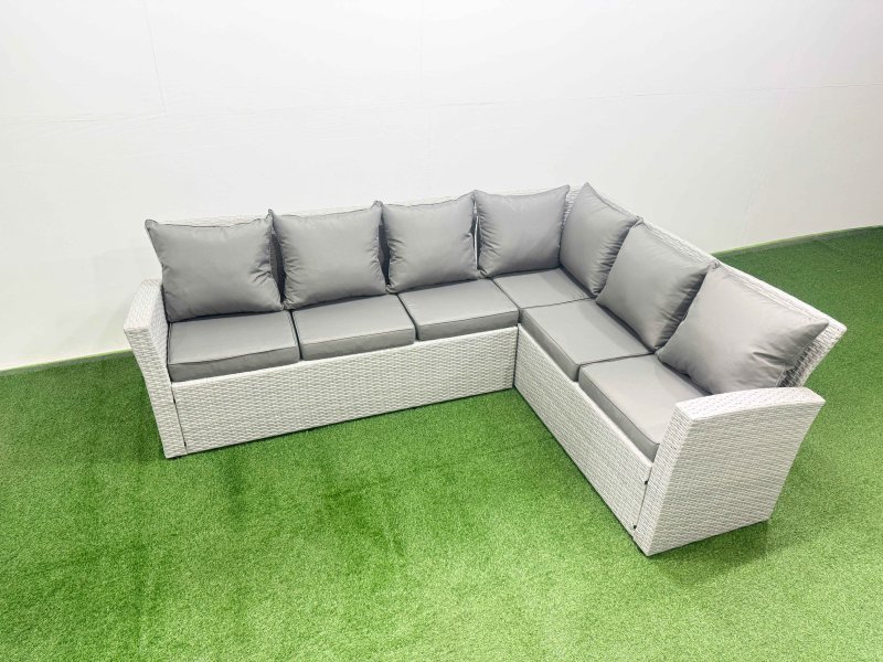Fimous 7 Seat Rattan Garden Furniture Corner Sofa Set Outdoor Gas Fire Pit Table Set with Armchair Light Grey