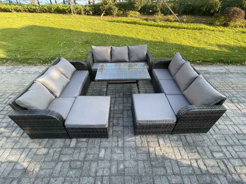Fimous Rattan Garden Furniture Dining Set 11 seater Patio Rectangular Table 2 Big Footstool Dark Grey Mixed