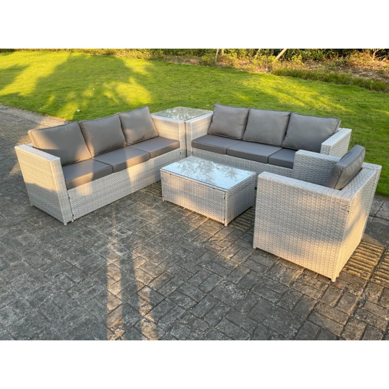 Fimous Light Grey Outdoor Rattan Garden Furniture Set Corner Sofa Set Oblong Square Coffee Table Armchair