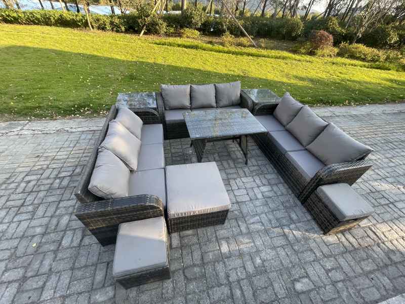 Fimous Rattan Garden Furniture Set 12 Seater Patio Outdoor Lounge Sofa Set with 2 Side Tables Rectangular Dining Table 3 Footstools Dark Grey Mixed