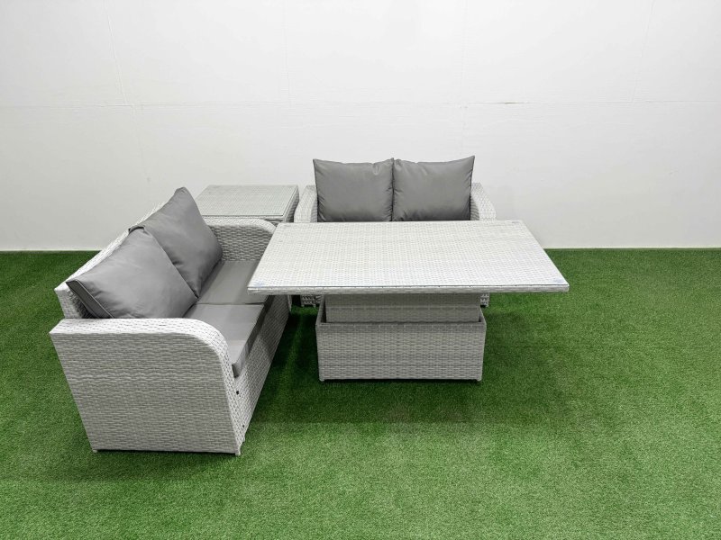 Fimous 4 Seater Outdoor Love Sofa Set Rattan Garden Furniture Set with Adjustable Lifting Dining or Coffee Table Side Table Light Grey