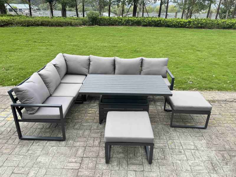Fimous Aluminium Garden Furniture Sets,10 Seater Outdoor Conversational Dining Set with Adjustable Rising Lifting Dining Table Cushions for Yard,Poolside, Patio, Dark Grey