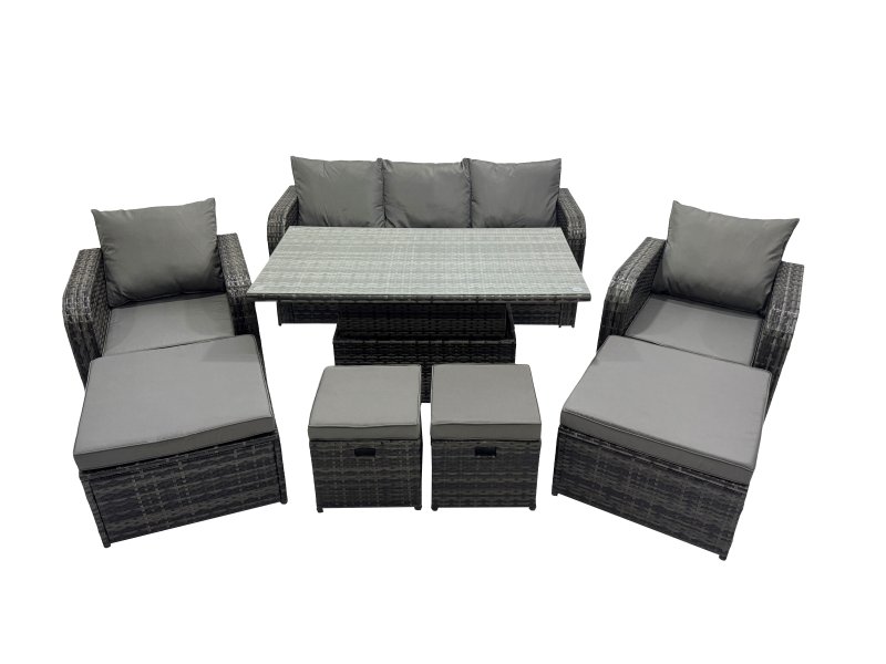Fimous Rattan Garden Furniture Dining Set 8-seater Patio Height Adjustable Rising Lifting Table Sofa Set with 4 Footstools Dark Grey Mixed