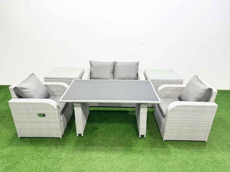 Fimous Outdoor Rattan Garden Furniture Dining Set 4-seater Patio Rectangular Table Love Sofa Reclining Chair Set with 2 Side Tables