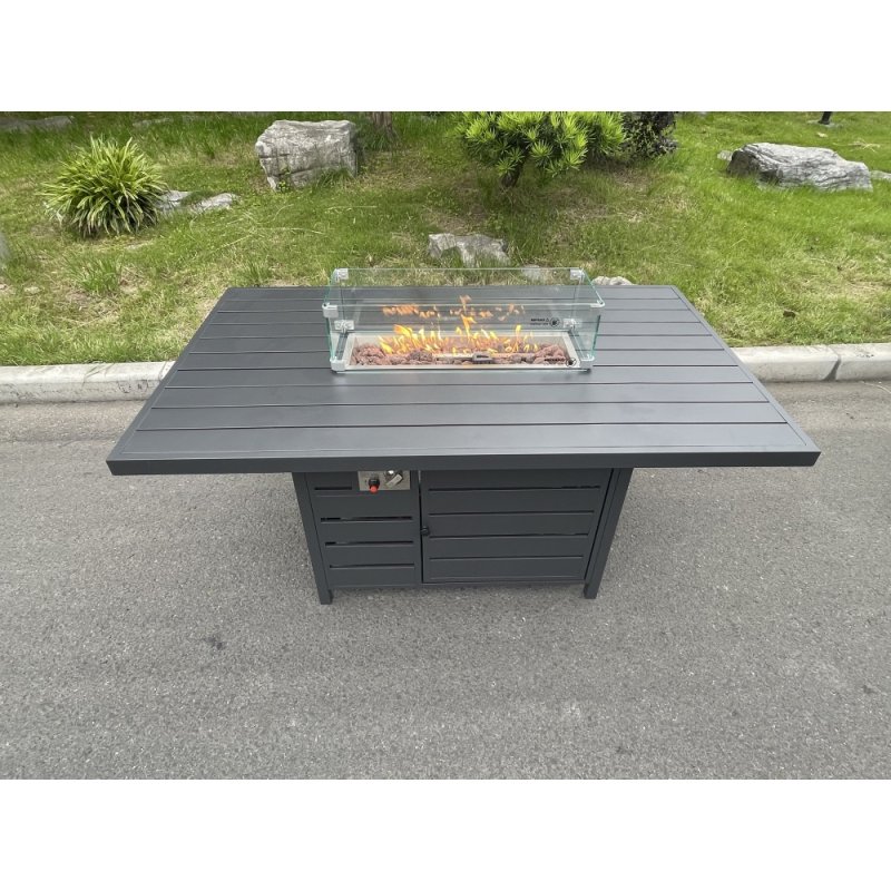Fimous Aluminum Top 6 Seat Garden Furniture Dining Set Gas Fire Pit Table And Chairs Burner Heater Patio Outdoor Dark Grey