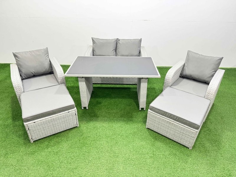Fimous Outdoor Rattan Garden Furniture Dining Set 6-seater Patio Rectangular Table Love Sofa Reclining Chair Set with 2 Big Stools