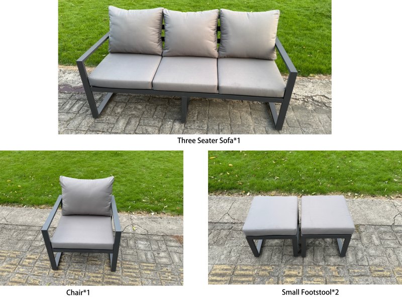 Fimous Aluminium Garden Furniture Set 6 Piece Aluminium Lounge Seating Adjustable Rising Lifting Dining Table Set with 2 Side Tables Big Footstool Dark Grey