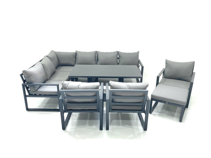 Fimous Aluminum Outdoor Garden Furniture Set Corner Sofa Big Footstool 3 Chairs Adjustable Rising Lifting Dining Table Sets Dark Grey