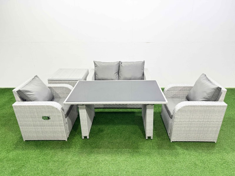 Fimous Outdoor Rattan Garden Furniture Dining Set 4-seater Patio Rectangular Table Love Sofa Reclining Chair Set with Side Table