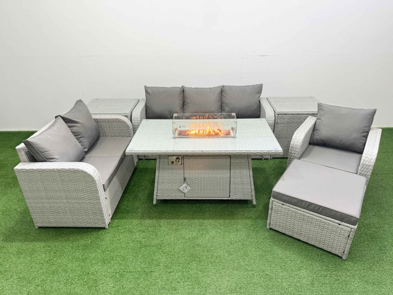 Fimous Patio PE Wicker 7 Seater Outdoor Rattan Furniture Sofa Sets with Firepit Dining Table Reclining Chair Loveseat Sofa 3 Seater Sofa Big Footstool 2 Side Table Light Grey