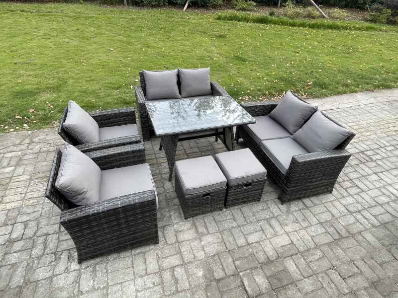 Fimous Rattan Garden Furniture Set Patio Outdoor Lounge Sofa Set with Rectangular Dining Table Double Seat Sofa 2 Small Footstools Dark Grey Mixed