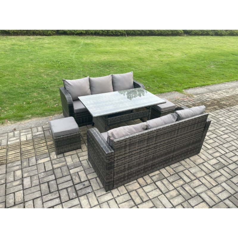Fimous Patio Rattan Garden Furniture Set with Oblong Rectangular Dining Table 2 Small Footstools 8 Seater Outdoor Lounge Sofa Set Dark Grey Mixed
