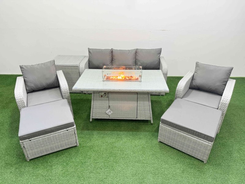 Fimous PE Rattan Garden Furniture Set Reclining Chair Sofa Lounge Sofa Set Firepit Dining Table Side Table 2 Big Footstool Light Grey