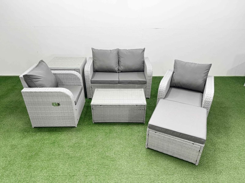 Fimous Light Grey PE Wicker Rattan Garden Furniture Set Sofa Set Reclining Adjustable Chair Rectangular Coffee Table 5 Seater With Footstool Side Table
