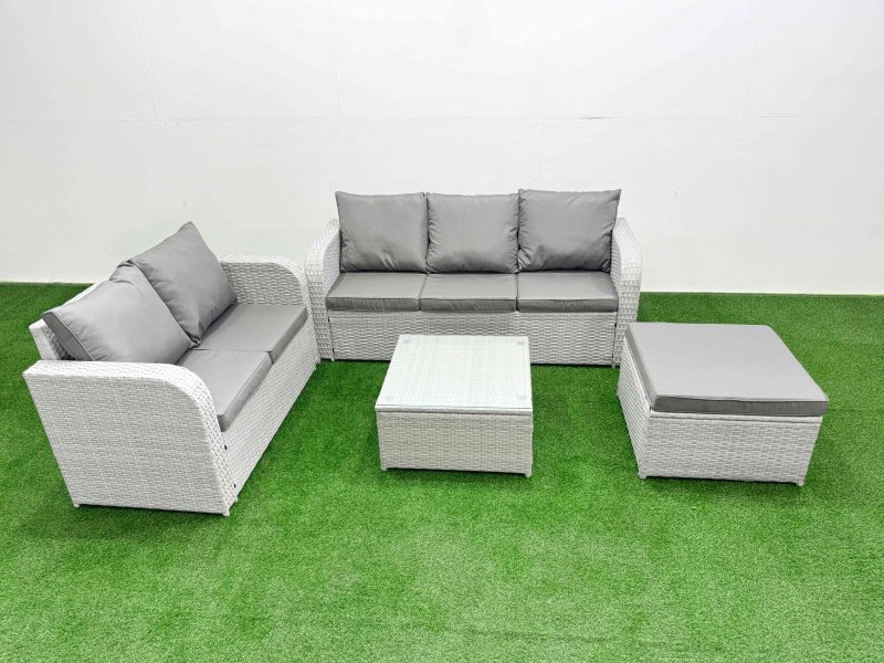 Fimous 6 Seater PE Rattan Wicker Garden Furniture Patio Conservatory Sofa Set with Square Coffee Table 3 Seater Sofa Love Sofa Big Footstool