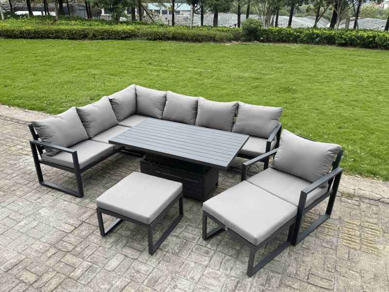 Fimous Aluminium Garden Furniture Sets,8 Seater Outdoor Conversational Dining Set with Adjustable Rising Lifting Dining Table,2 Big Footstools Dark Grey