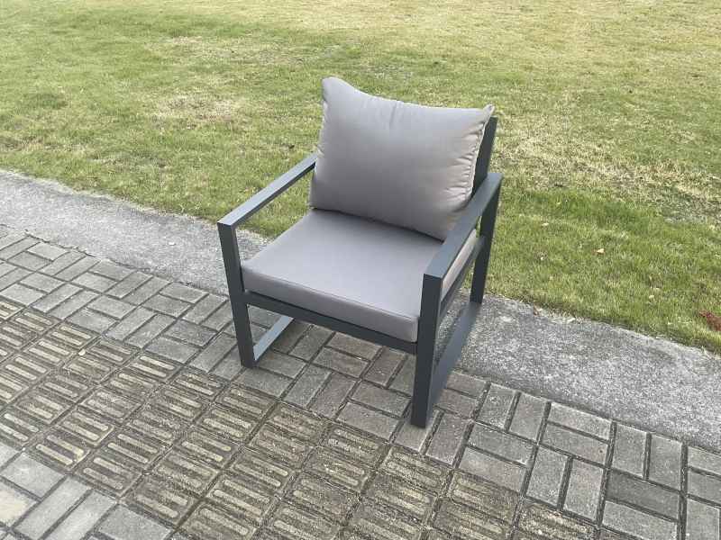 Fimous Aluminium Outdoor Garden Furniture Set Gas Fire Pit Dining Table Set Gas Heater Burner with 2 Arm Chair 2 Small Footstools Dark Grey 7 Seater
