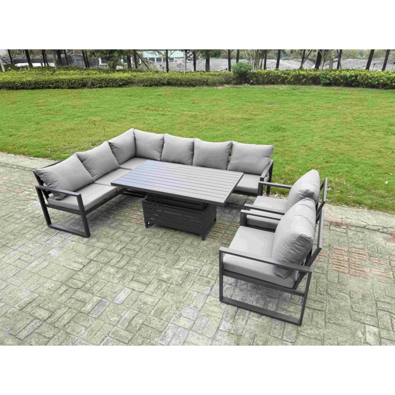 Fimous 8 Pieces Aluminium Garden Furniture Sets with Adjustable Rising Lifting Dining Table,2 Small Footstools 9 Seater Corner Sofa Set Dark Grey