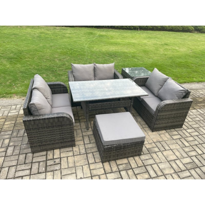 Fimous Wicker PE Rattan Sofa Outdoor Garden Furniture Set with Rectangular Dining Table Big Footstool Side Table Dark Grey Mixed