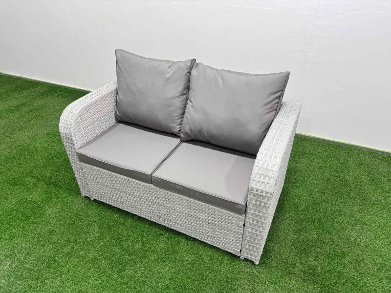 Fimous 7 Seater Outdoor Love Sofa Set Rattan Garden Furniture Set with Adjustable Lifting Dining or Coffee Table 3 Footstool Light Grey