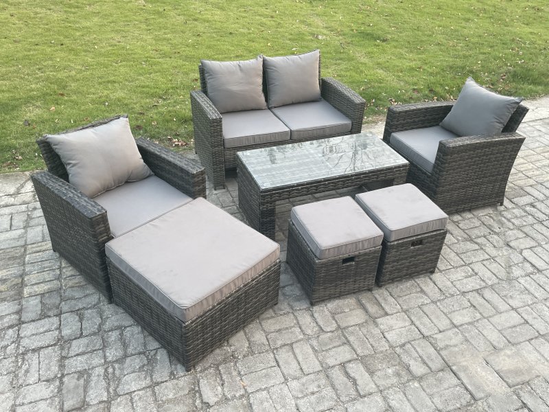 Fimous 7 Seater Outdoor Rattan Garden Furniture Set Patio Lounge Sofa Set with Coffee Table 3 Footstools Dark Grey Mixed