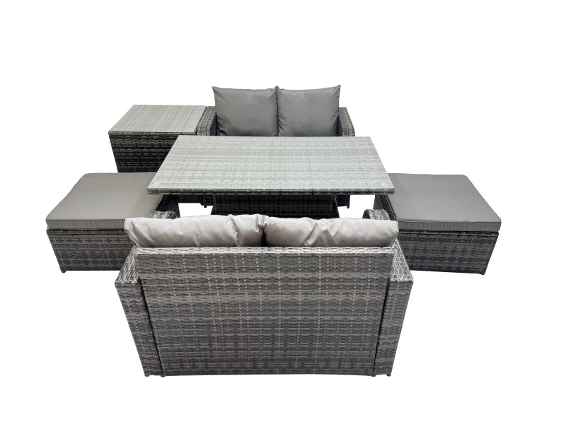 Fimous 6-seater Patio Height Adjustable Rising Lifting Table Sofa Sets Rattan Garden Furniture Dining Set with 2 Big Stools Side Table Dark Grey Mixed