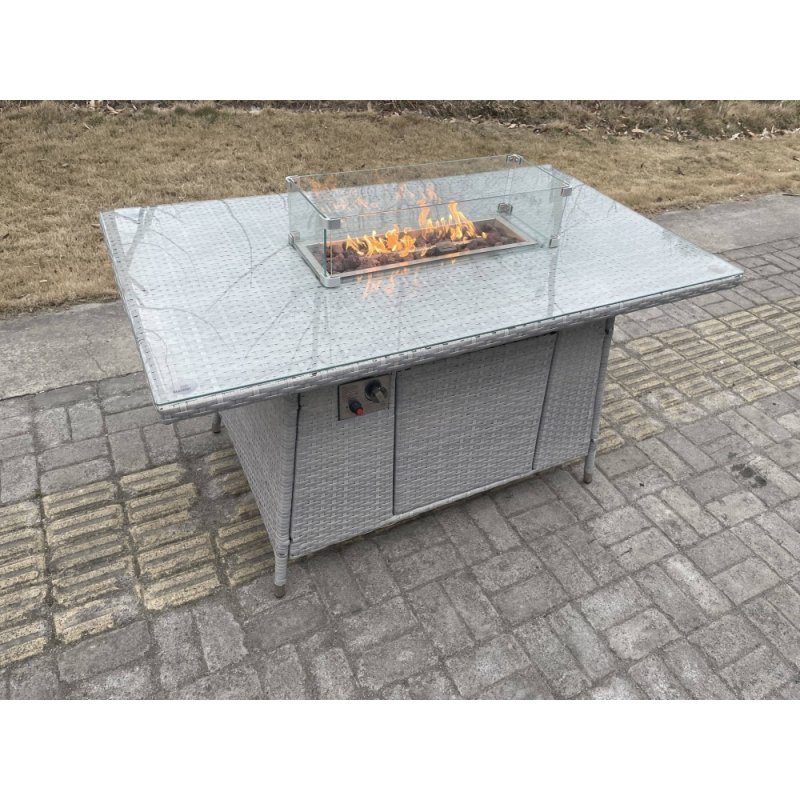 Fimous Light Grey Rattan Gas Fire Pit Garden Furniture Dining Table Set Heater Burner Chairs Lounge Sofa Set Arm Chairs