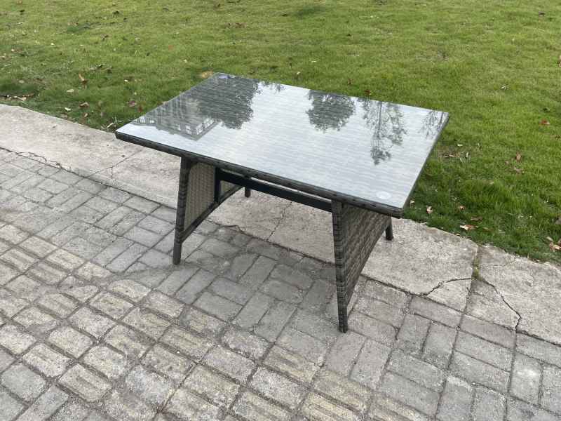 Fimous 6 Seater Wicker PE Rattan Garden Dining Set Outdoor Furniture Sofa with Rectangular Dining Table Double Seat Sofa Big Footstool Dark Grey Mixed