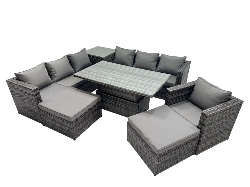 Fimous 9 Seater Outdoor Corner Sofa Height Adjustable Rising Lifting Table Set Garden Rattan Furniture Set with Side Table 2 Big Stool Dark Grey