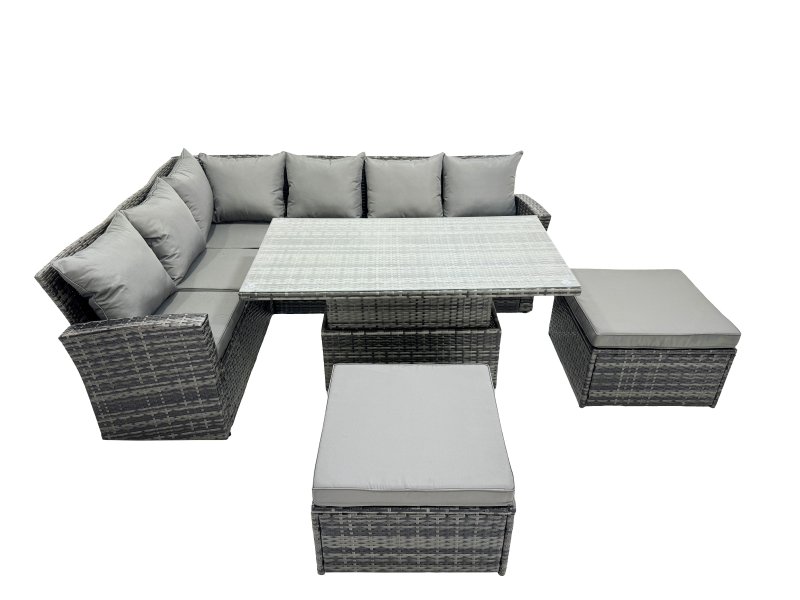 Fimous Poly Rattan Outdoor Patio Height Adjustable Rising Lifting Table Corner Sofa Set with 2 Big Stool for Garden Backyard Dark Grey Mixed