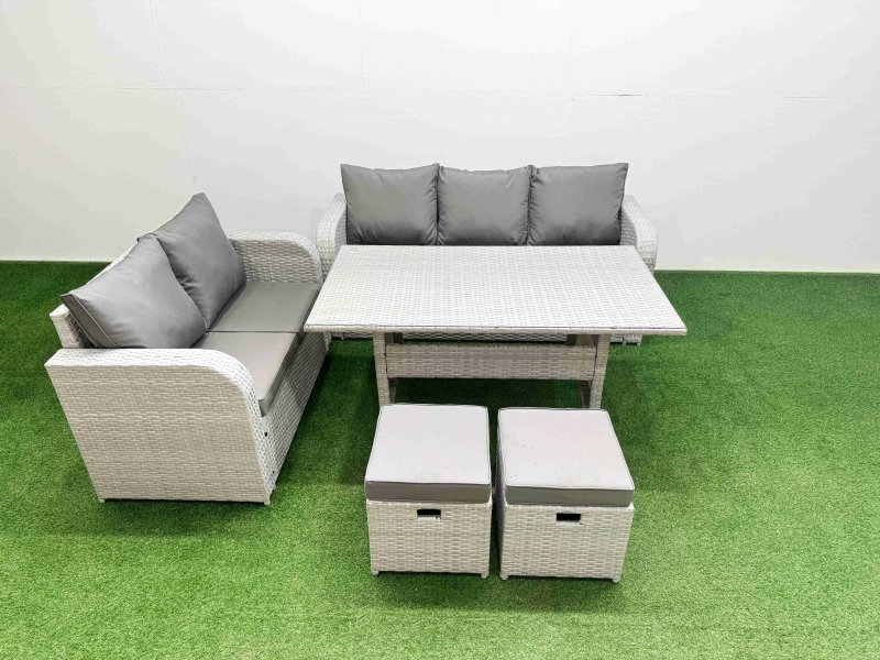 Fimous 7 Seater PE Rattan Wicker Garden Furniture Patio Conservatory Sofa Set with Rectangular Dining Table 3 Seater Sofa Love Sofa 2 Stools