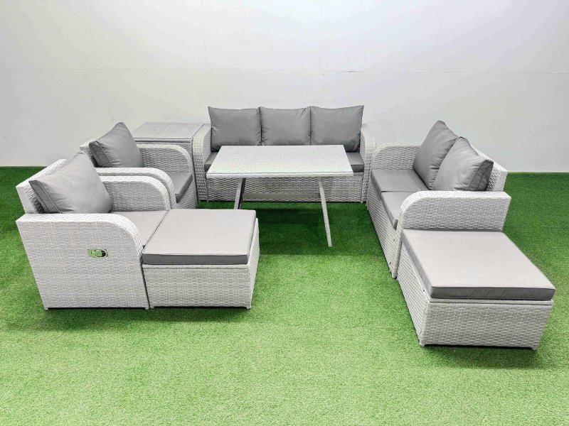 Fimous PE Rattan Garden Furniture Set Outdoor Rectangular Dining Table Sofa Set with Reclining Chair 2 Big Stool Side Table Light Grey