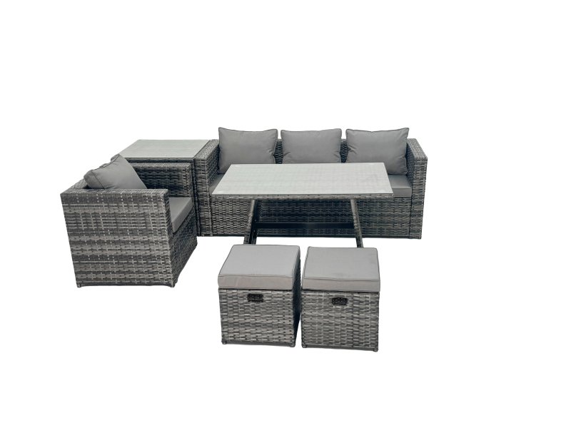 Fimous Rattan Dining Table Sofa Armchair Set with Side Table Small Footstool Outdoor Garden Furniture Set Dark Grey Mixed