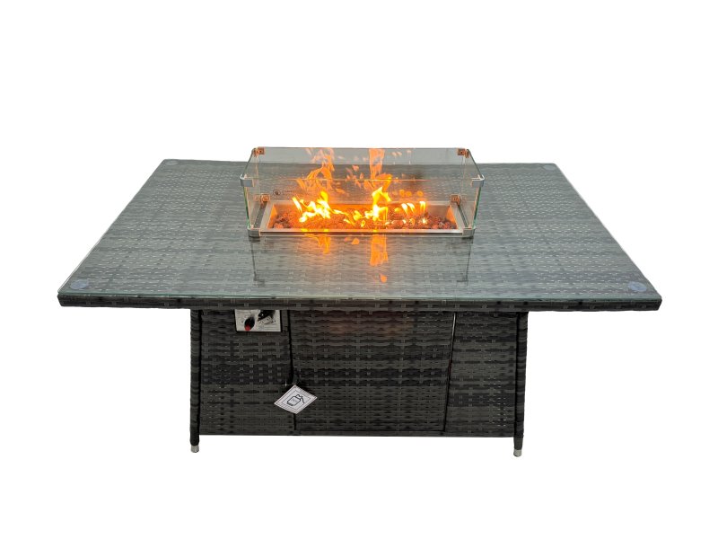 Fimous Poly Rattan Outdoor Patio Gas Firpit Dining Table Corner Sofa Set with 2 Big Stools for Garden Backyard Dark Grey Mixed