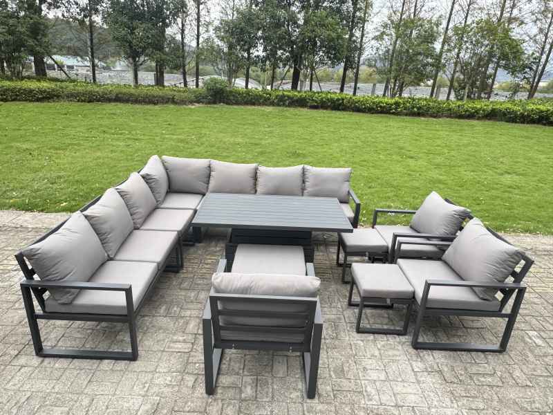 Fimous L-shaped Garden Furniture Set 12-Seater Aluminium Outdoor Dining Set with Adjustable Rising Lifting Dining Table 3 Footstools 2 Chairs Dark Grey