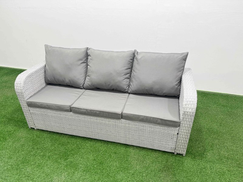 Fimous Patio PE Wicker 8 Seater Outdoor Rattan Furniture Sofa Sets with Rectangular Dining Table Reclining Chair Loveseat Sofa 3 Seater Sofa Stool Side Table Light Grey