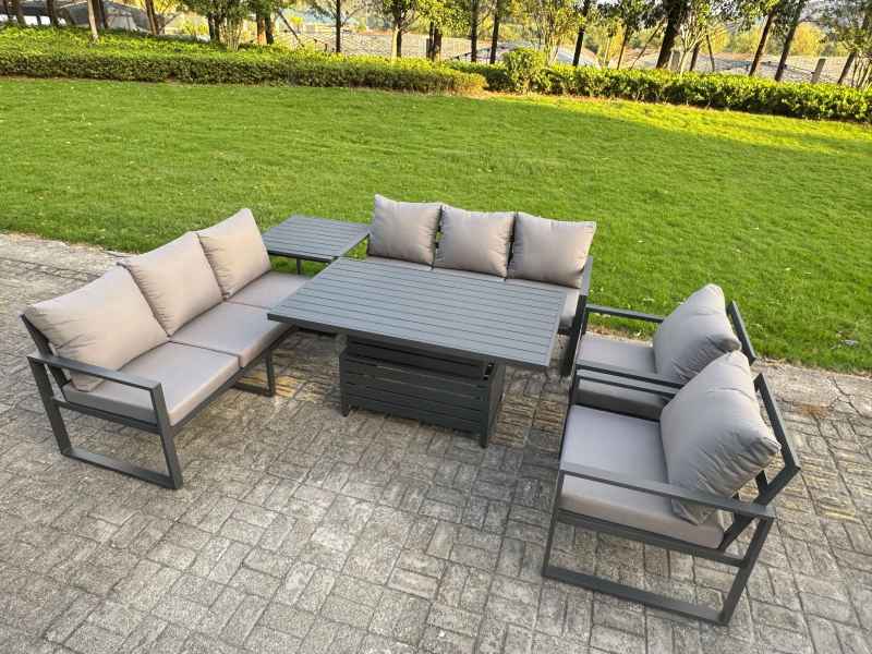 Fimous Garden Aluminium Furniture Set Dark Grey 8 Seater Outdoor Patio Adjustable Rising Lifting Dining Table with 2 Chairs Dark Grey