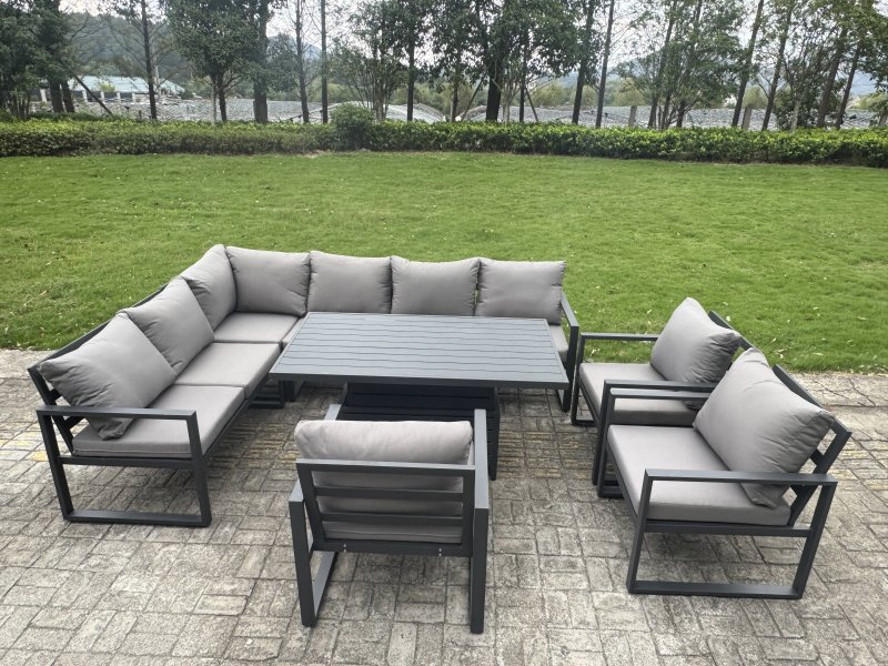 Fimous 9 Pieces Aluminium Garden Furniture Sets with Adjustable Rising Lifting Dining Table,Chair,2 Small Footstools 10 Seater Corner Sofa Set Dark Grey