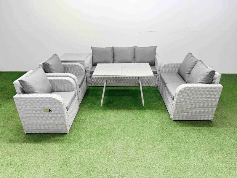 Fimous PE Rattan Garden Furniture Set Outdoor Rectangular Dining Table Sofa Set with Reclining Chair Side Table Light Grey
