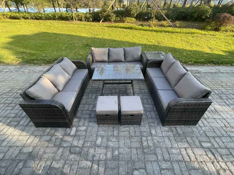 Fimous 11 Seater Wicker Rattan Garden Furniture Set with Rectangular Dining Table Side Table 2 Small Footstools Patio Outdoor Lounge Sofa Set