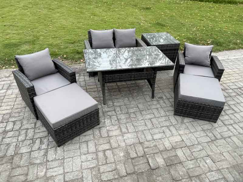 Fimous Outdoor Lounge Sofa Garden Furniture Set Rattan Rectangular Dining Table with Double Seat Sofa Armchair 2 Big Footstool Side Table 6 Seater Dark Grey Mixed