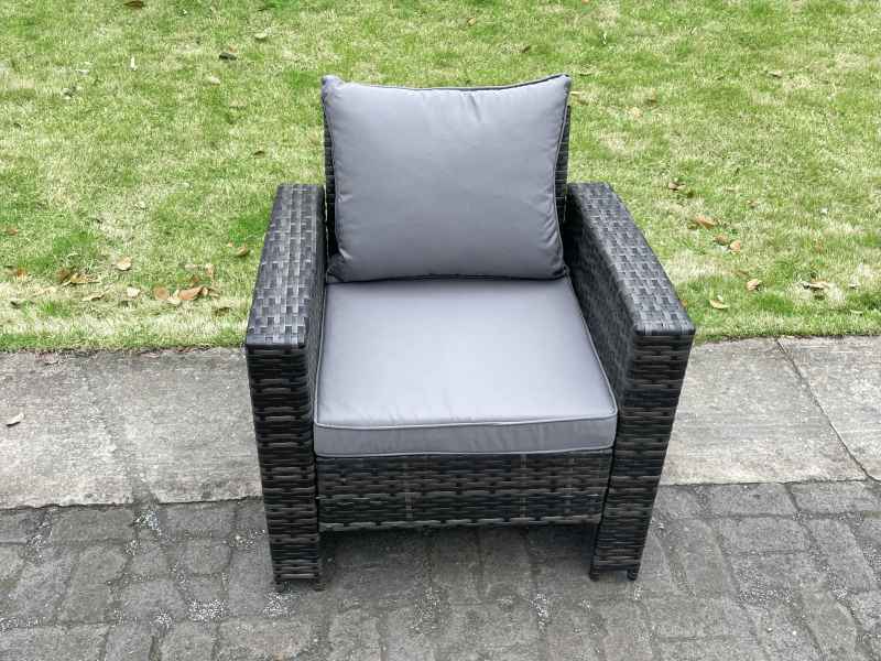 Fimous 6 Seater Wicker PE Rattan Garden Dining Set Outdoor Furniture Sofa with Rectangular Dining Table Double Seat Sofa Big Footstool Dark Grey Mixed