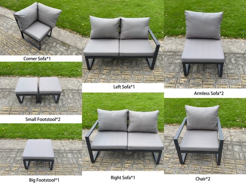 Fimous L-shaped Garden Furniture Set 11-Seater Aluminium Outdoor Dining Set with Adjustable Rising Lifting Dining Table 3 Footstools Chair Dark Grey