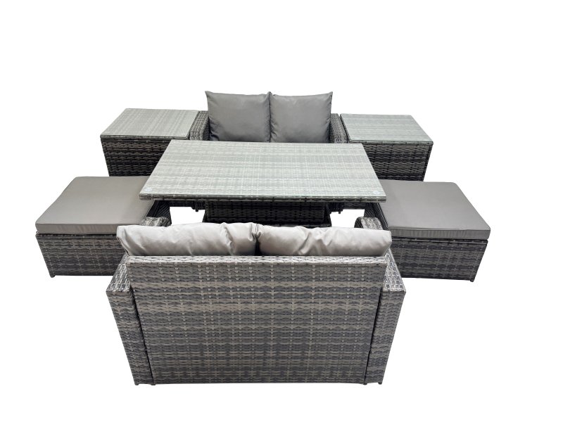 Fimous 6-seater Patio Height Adjustable Rising Lifting Table Sofa Sets Rattan Garden Furniture Dining Set with 2 Big Stools 2 Side Tables Dark Grey Mixed