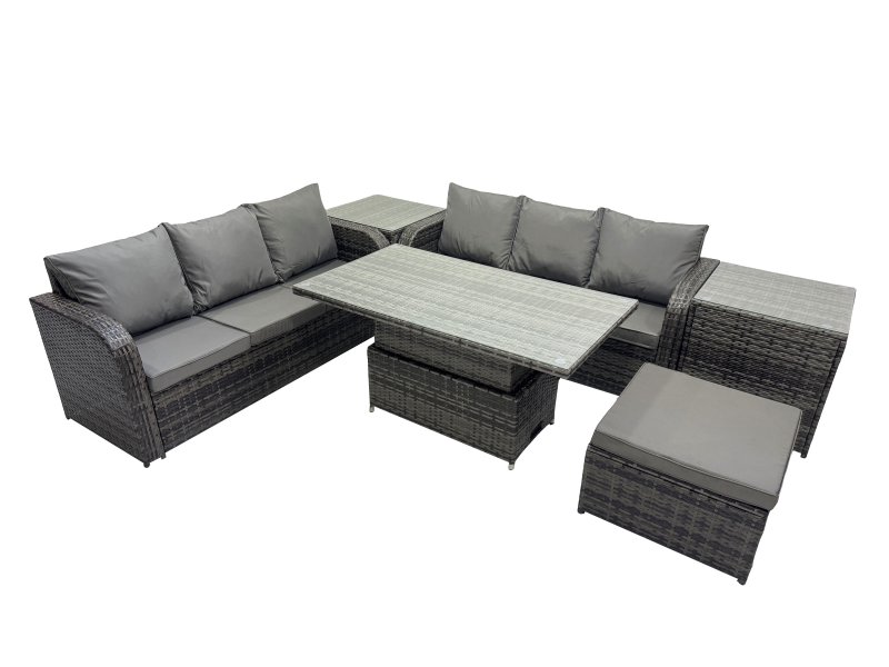 Fimous Rattan Garden Furniture Dining Set 7-seater Patio Height Adjustable Rising Lifting Table Sofa Set with 2 Side Table Dark Grey Mixed